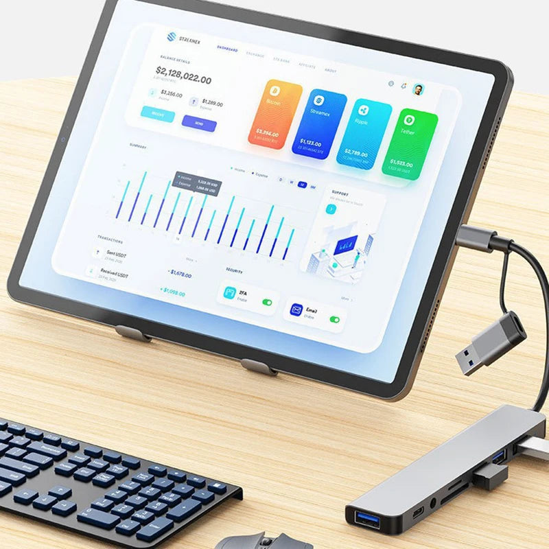 Hub USB + Type-C 8 en 2 con Audio 3.5mm y Lector Micro SD para Laptop y Tablet
