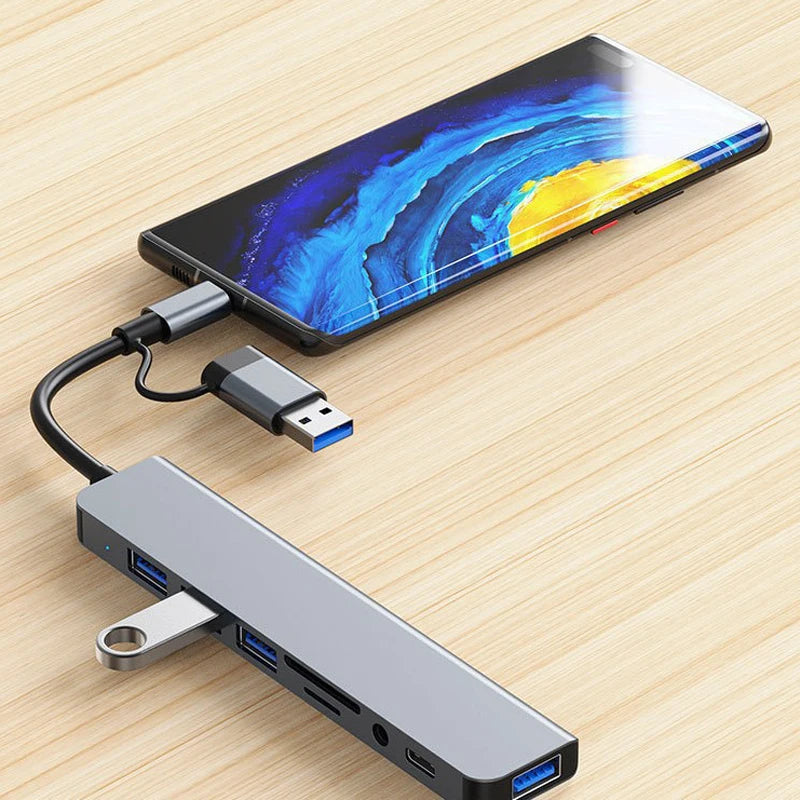 Hub USB + Type-C 8 en 2 con Audio 3.5mm y Lector Micro SD para Laptop y Tablet