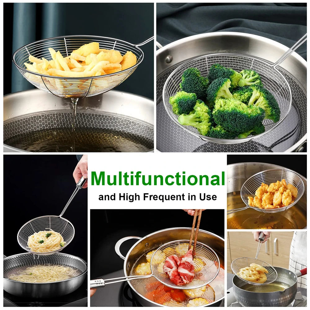 Stainless Steel Fine Mesh Skimmer Spoon Multi-Function Spider Strainer with Long Handle for Cooking Frying and Noodle Straining