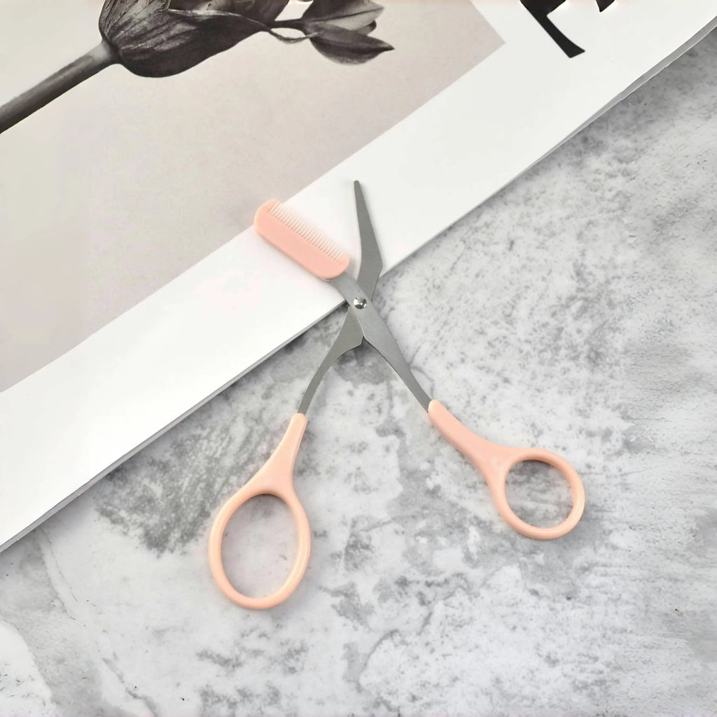 Pink eyebrow trimming scissors with built-in comb - stainless steel, creating perfect eyebrows