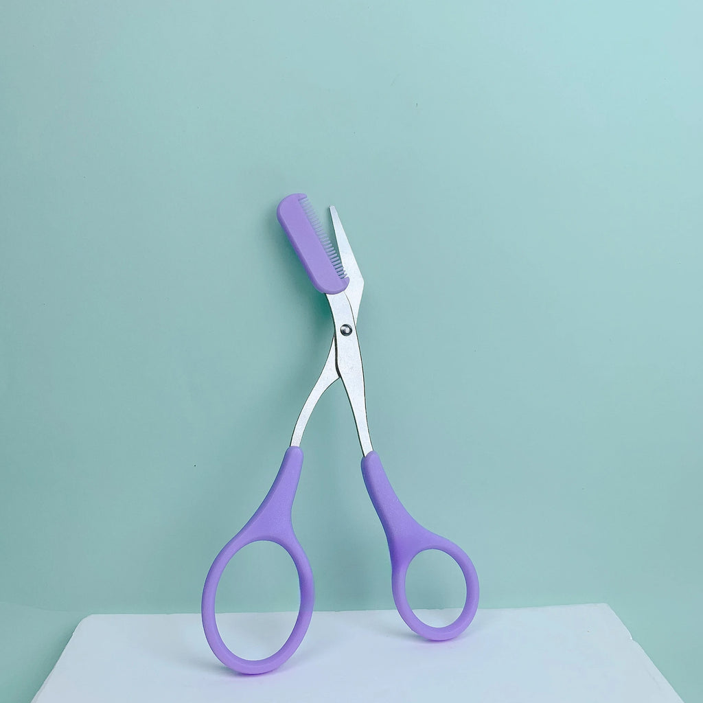 Pink eyebrow trimming scissors with built-in comb - stainless steel, creating perfect eyebrows