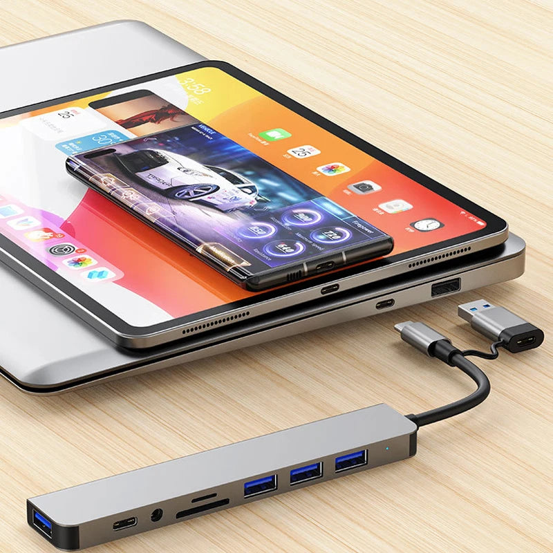 Hub USB + Type-C 8 en 2 con Audio 3.5mm y Lector Micro SD para Laptop y Tablet