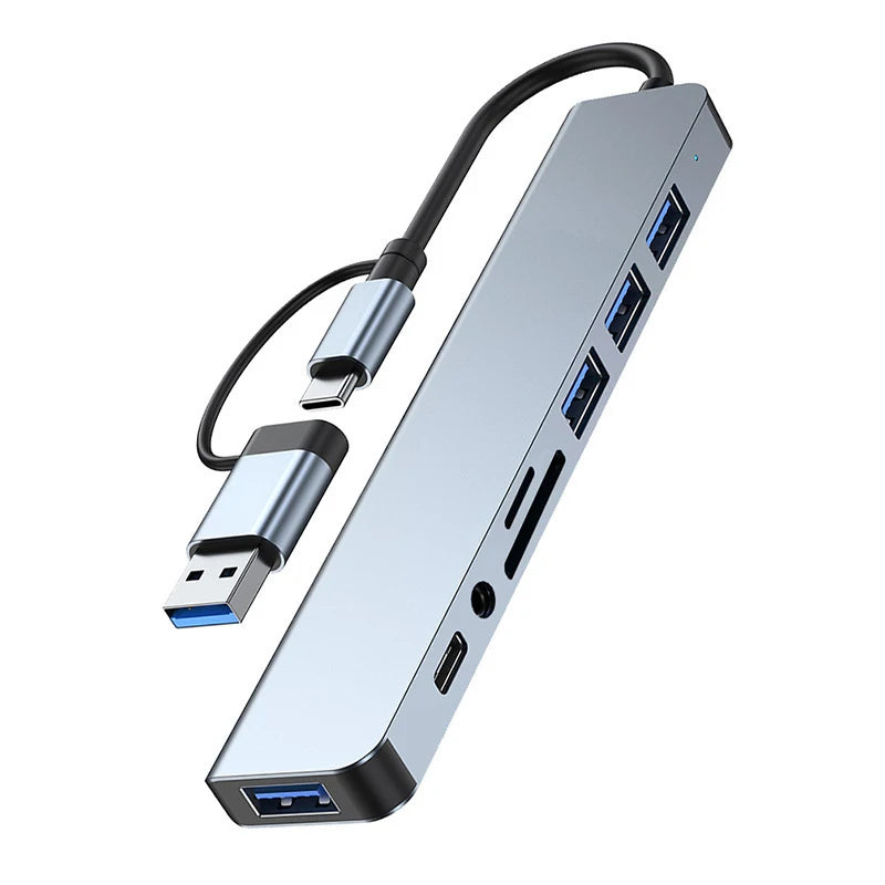 Hub USB + Type-C 8 en 2 con Audio 3.5mm y Lector Micro SD para Laptop y Tablet
