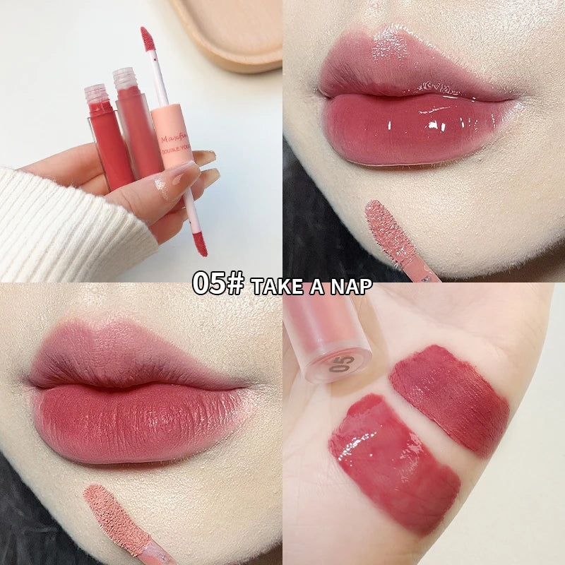Double End Lip Glaze Full Gloss Mirror And Matte Velvet Long Term Color Lip Gloss