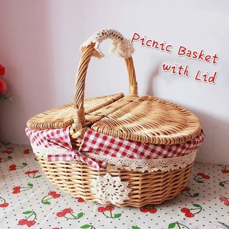 Camping Picnic Fruit Baskets Food Organizer Handmade Big Basket Retro