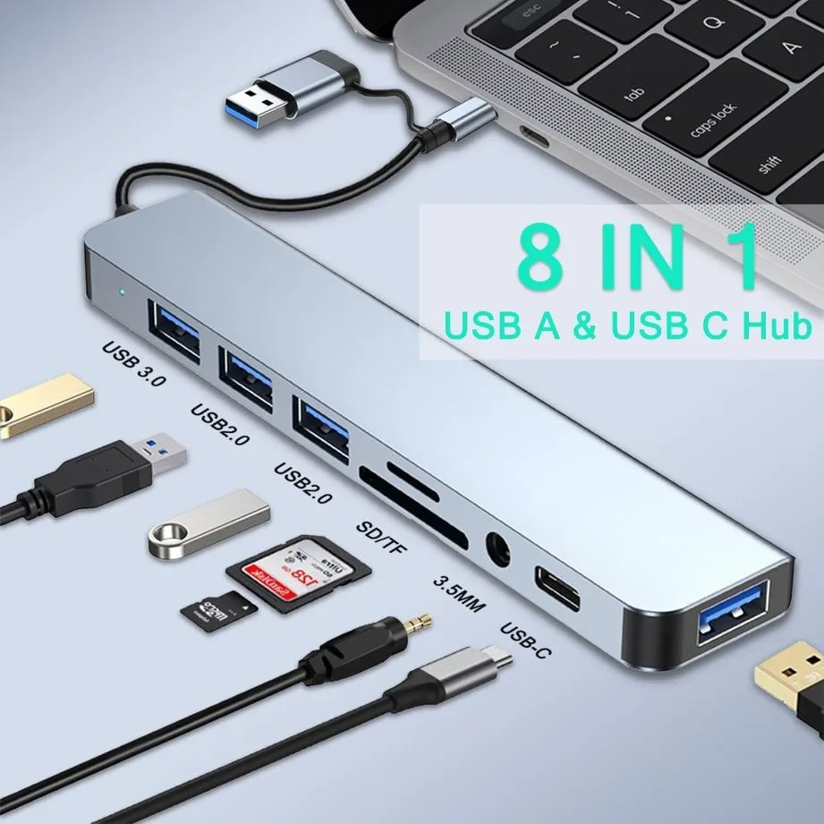 Hub USB-C 8 en 2 con Lector SD/TF y Audio 3.5mm para MacBook y Laptop