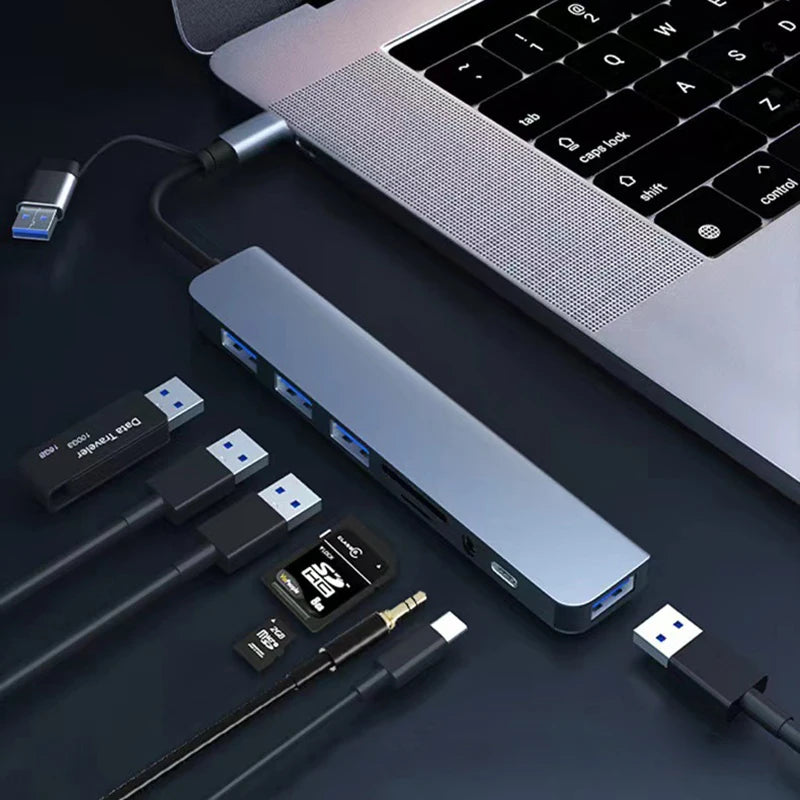 Hub USB + Type-C 8 en 2 con Audio 3.5mm y Lector Micro SD para Laptop y Tablet