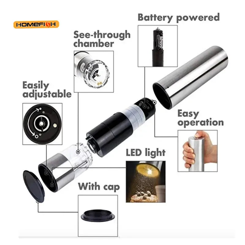 Electric Salt Pepper Grinder Set One Handed Operation Stainless
