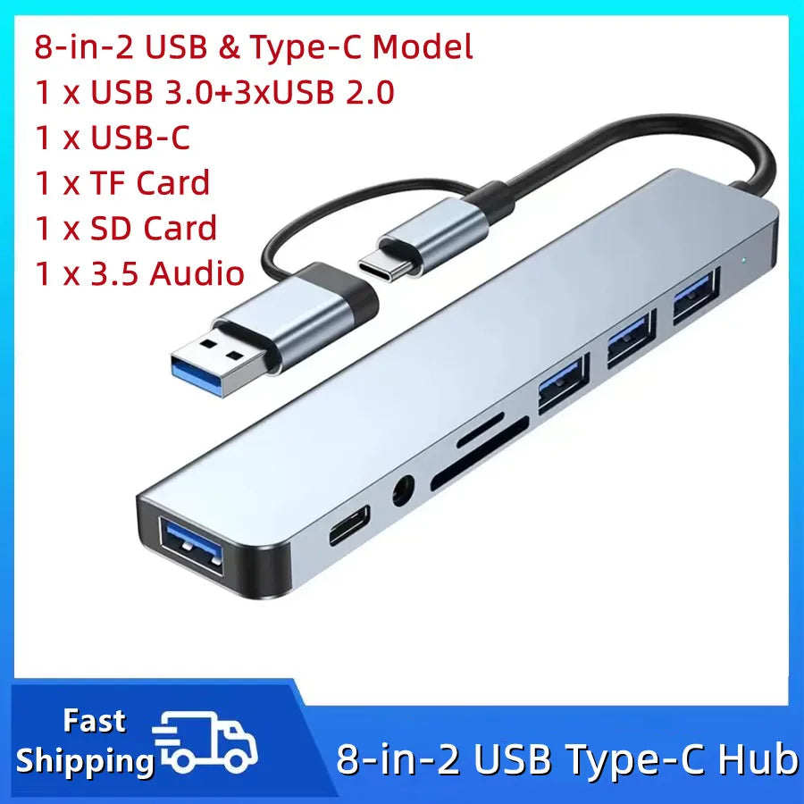 Hub USB-C 8 en 2 con Lector SD/TF y Audio 3.5mm para MacBook y Laptop