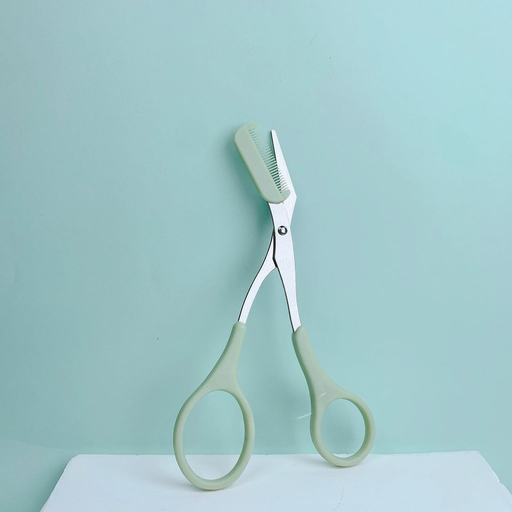 Pink eyebrow trimming scissors with built-in comb - stainless steel, creating perfect eyebrows