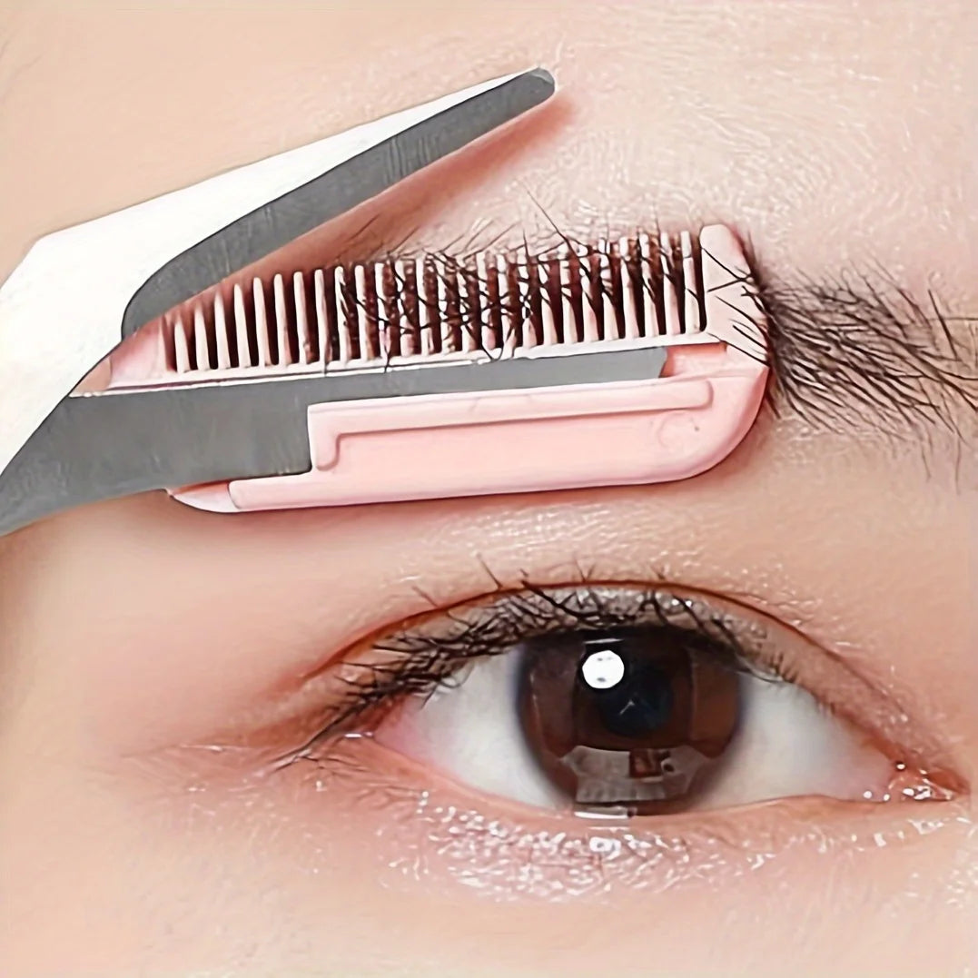 Pink eyebrow trimming scissors with built-in comb - stainless steel, creating perfect eyebrows
