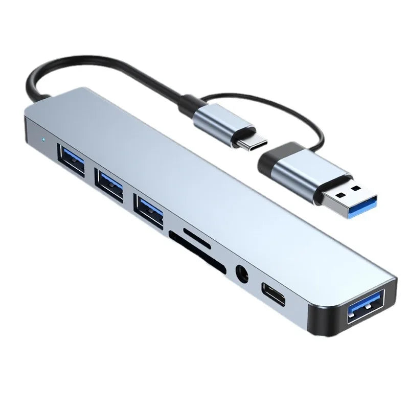 Hub USB + Type-C 8 en 2 con Audio 3.5mm y Lector Micro SD para Laptop y Tablet