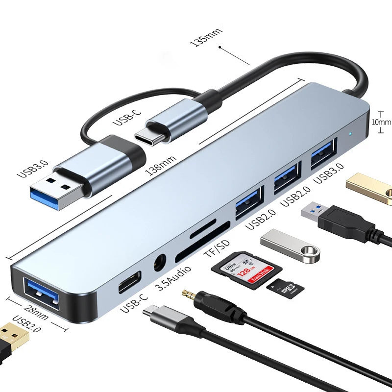 Hub USB + Type-C 8 en 2 con Audio 3.5mm y Lector Micro SD para Laptop y Tablet